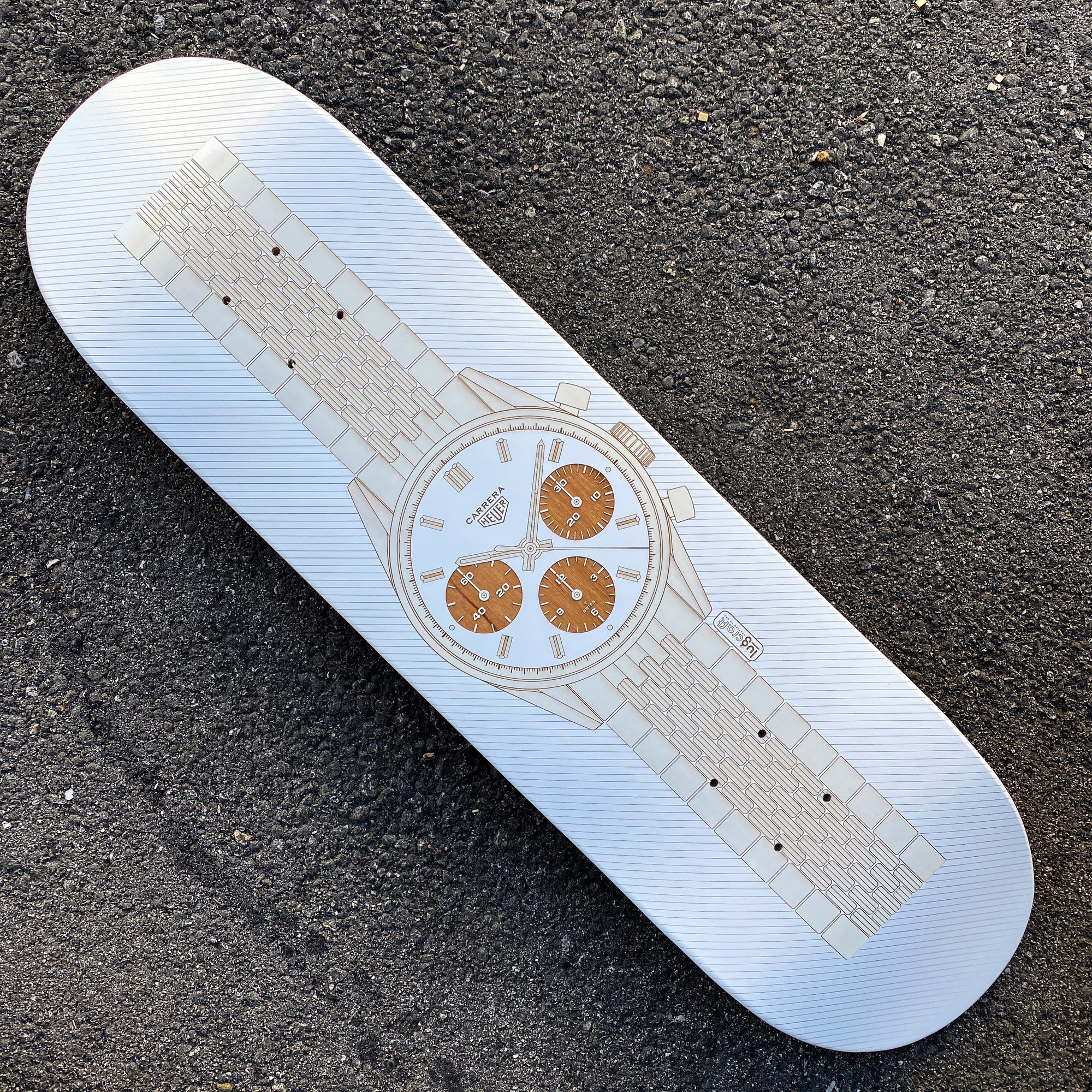 Heuer Carrera 2447SN Panda Skateboard Deck Art - White - Lugcraft Inc