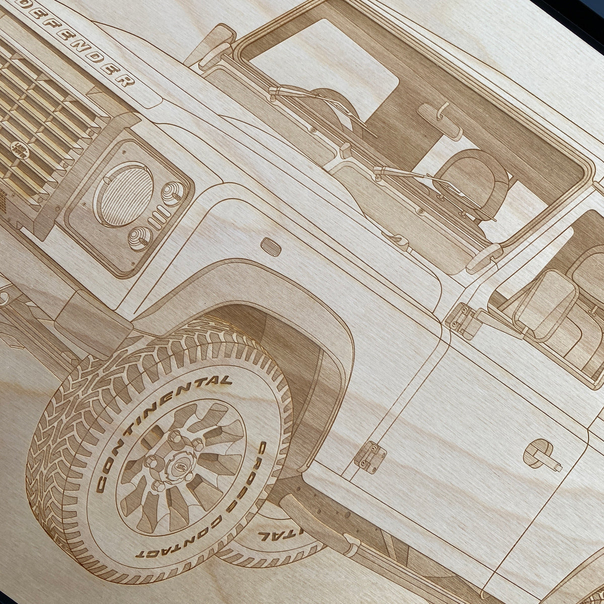 Land Rover Defender Framed Wood Engraved Artwork